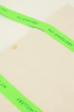 Beige Canvas Shopper Met Neon Groen Hengsel
