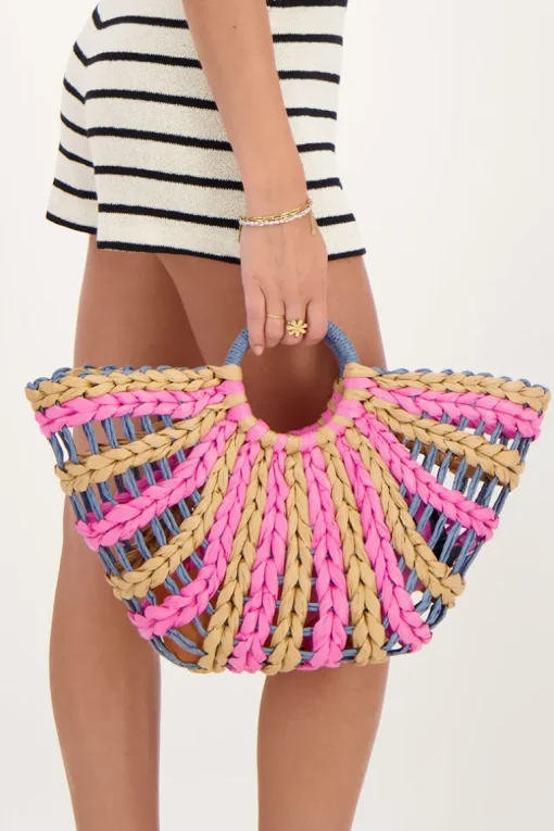 Beige En Roze Gevlochten Handtas