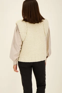 Beige Grof Gebreid Gilet Met Schoudervulling
