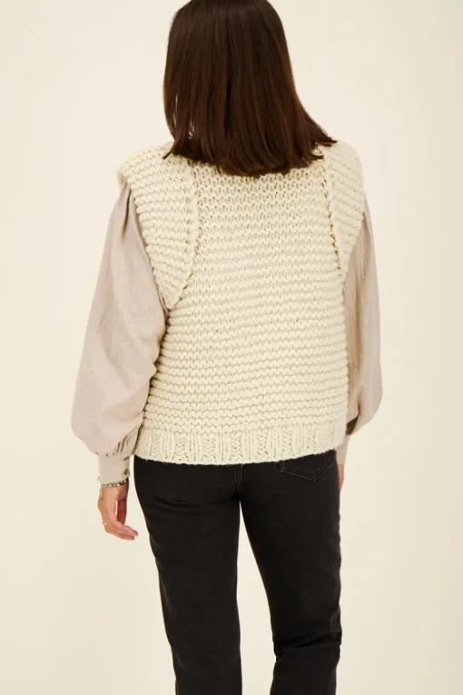 Beige Grof Gebreid Gilet Met Schoudervulling
