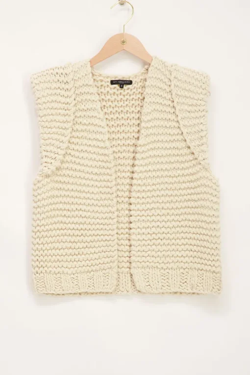 Beige Grof Gebreid Gilet Met Schoudervulling