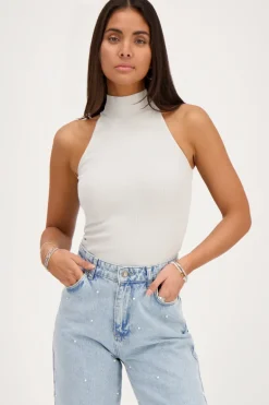 Beige Halter Top Met Rib Structuur