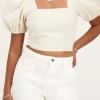 Beige Linnen Look Top Met Pofmouwen