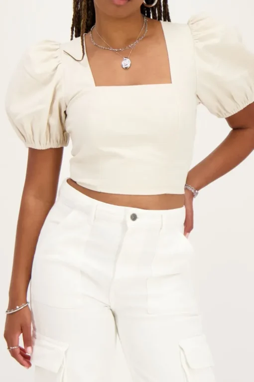 Beige Linnen Look Top Met Pofmouwen