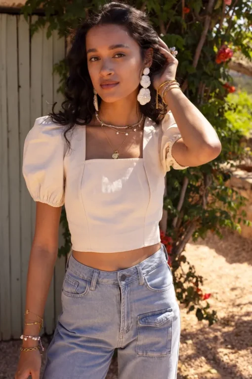 Beige Linnen Look Top Met Pofmouwen