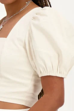 Beige Linnen Look Top Met Pofmouwen