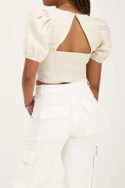 Beige Linnen Look Top Met Pofmouwen