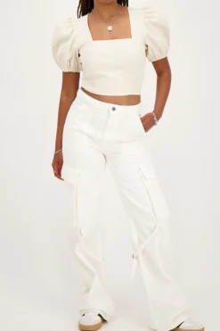 Beige Linnen Look Top Met Pofmouwen