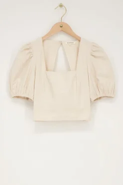 Beige Linnen Look Top Met Pofmouwen