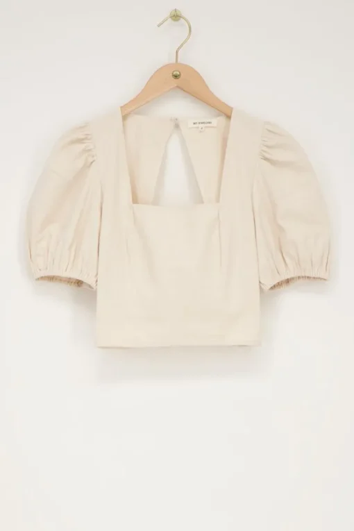 Beige Linnen Look Top Met Pofmouwen