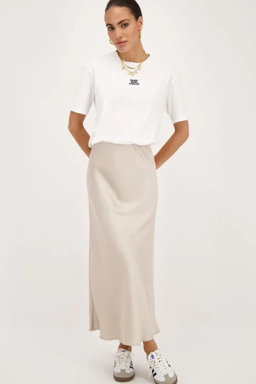 Beige Midi Satijnen Rok