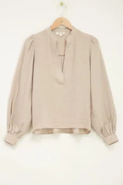 Beige Mousseline Blouse Met Lurex Pinstripe