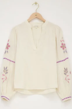 Beige Mousseline Blouse Met Embroidery