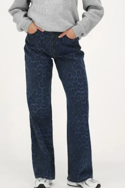 Blauwe Denim Jeans Met Panterprint