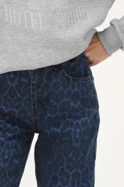Blauwe Denim Jeans Met Panterprint