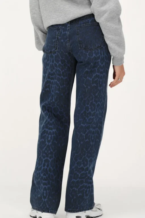 Blauwe Denim Jeans Met Panterprint