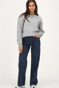 Blauwe Denim Jeans Met Panterprint