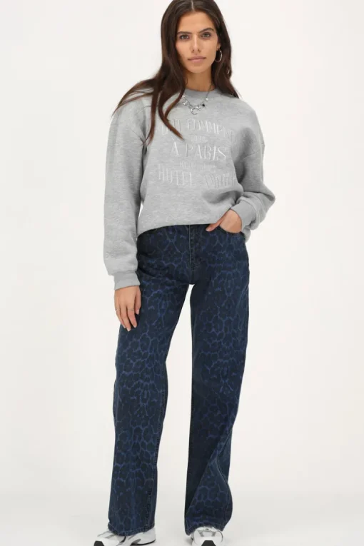 Blauwe Denim Jeans Met Panterprint