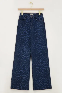 Blauwe Denim Jeans Met Panterprint