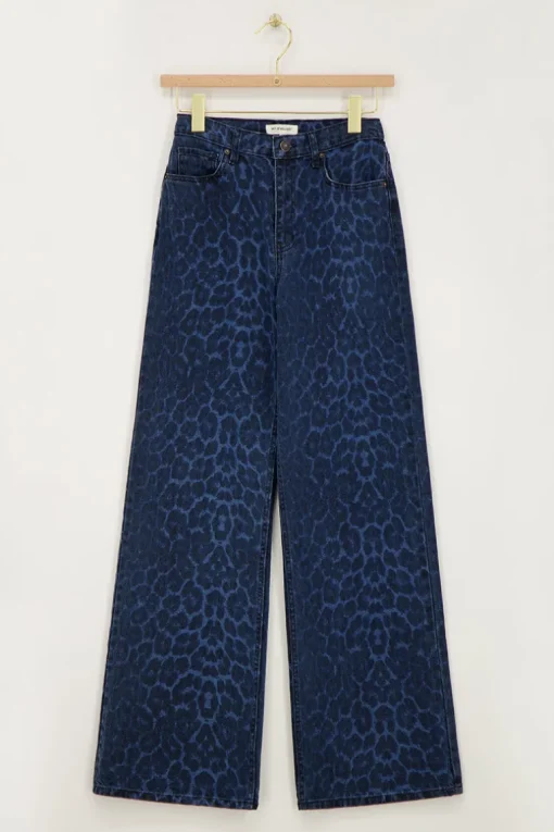 Blauwe Denim Jeans Met Panterprint