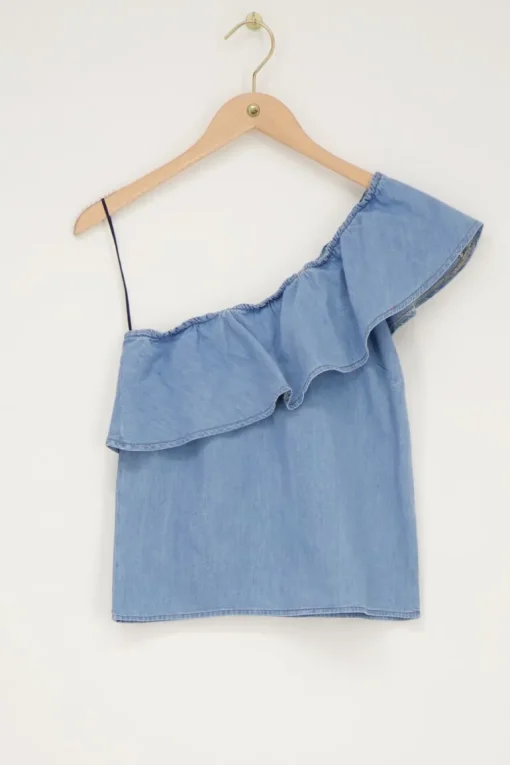 Denim One-shoulder Top Met Ruffle