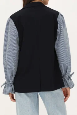 Donkerblauwe Blazer Met Gestreepte Mouwen