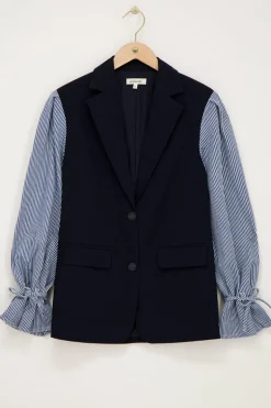 Donkerblauwe Blazer Met Gestreepte Mouwen