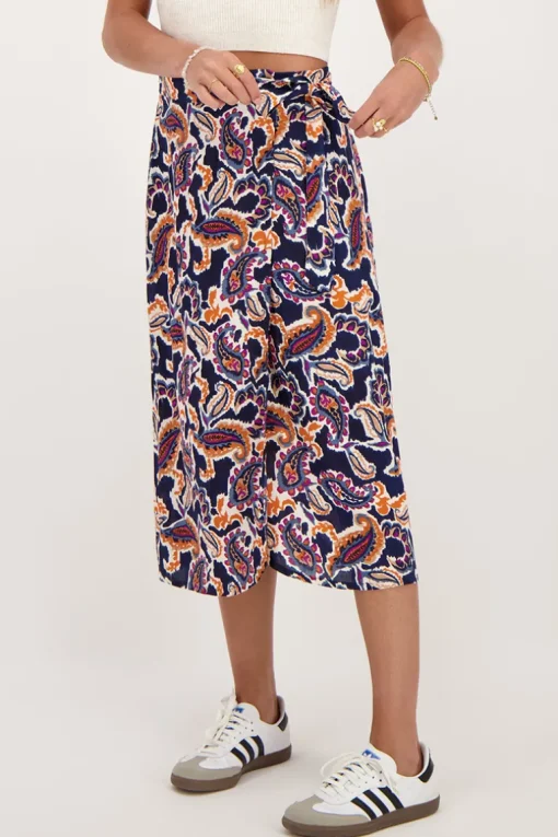 Donkerblauwe Midi Wikkelrok Met Paisleyprint
