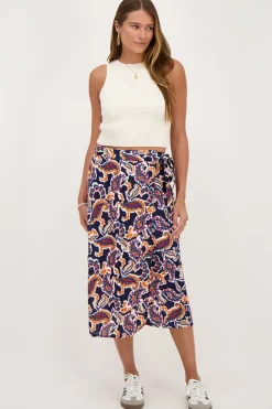 Donkerblauwe Midi Wikkelrok Met Paisleyprint
