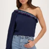 Donkerblauwe One-shoulder Top Met Multikleur Embroidery