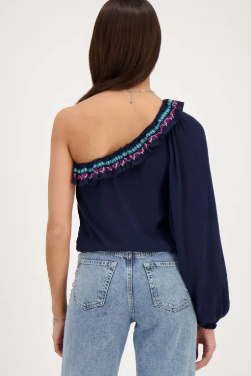 Donkerblauwe One-shoulder Top Met Multikleur Embroidery