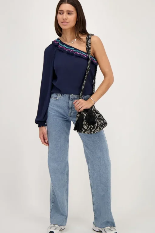 Donkerblauwe One-shoulder Top Met Multikleur Embroidery