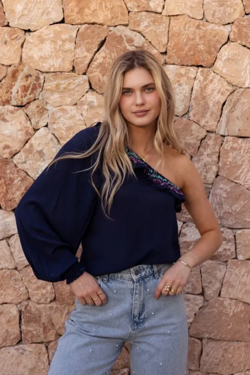 Donkerblauwe One-shoulder Top Met Multikleur Embroidery
