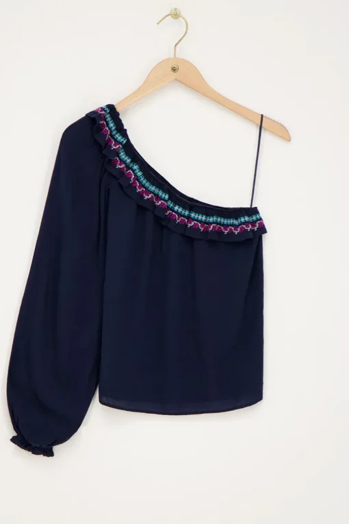 Donkerblauwe One-shoulder Top Met Multikleur Embroidery