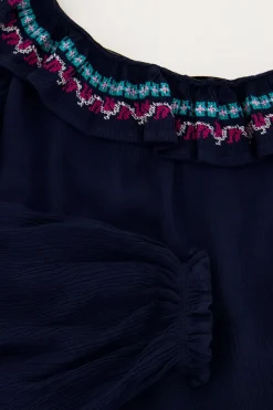 Donkerblauwe One-shoulder Top Met Multikleur Embroidery
