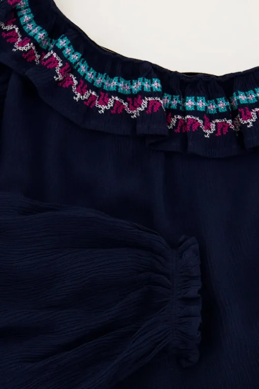 Donkerblauwe One-shoulder Top Met Multikleur Embroidery