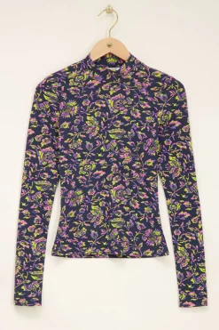 Donkerblauwe Top Met Col En Paisley Print