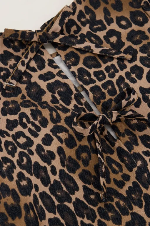 Donkere Panterprint Jurk Met Strikjes En Pofmouwen