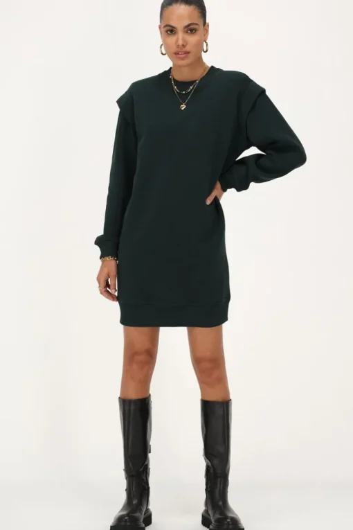 Donkergroene Sweaterjurk Met Schoudervulling
