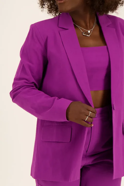 Donkerpaarse Blazer Met Linnen Look