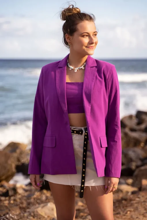 Donkerpaarse Blazer Met Linnen Look