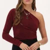Donkerrode Lurex One-shoulder Top