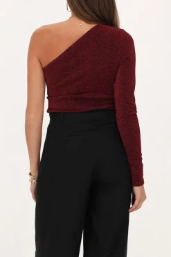 Donkerrode Lurex One-shoulder Top