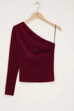 Donkerrode Lurex One-shoulder Top