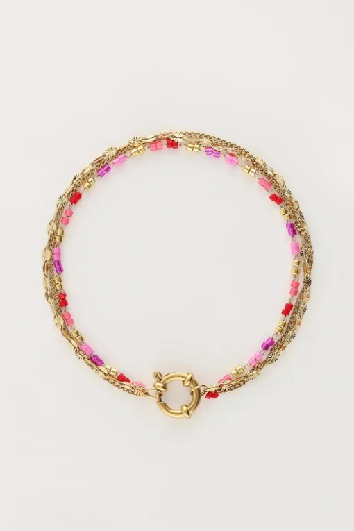 Driedubbele Armband Met Rode En Roze Kralen