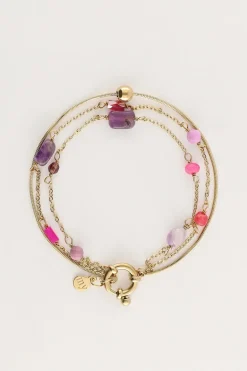 Driedubbele Armband Met Roze En Paarse Kraaltjes