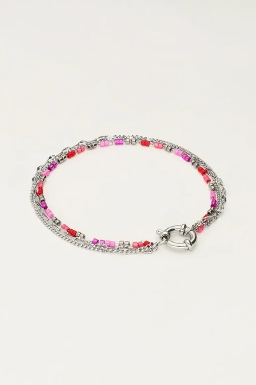 Driedubbele Armband Met Rode En Roze Kralen