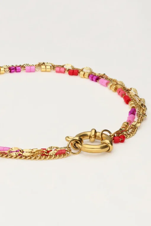 Driedubbele Armband Met Rode En Roze Kralen