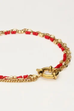 Driedubbele Armband Met Rode Kralen