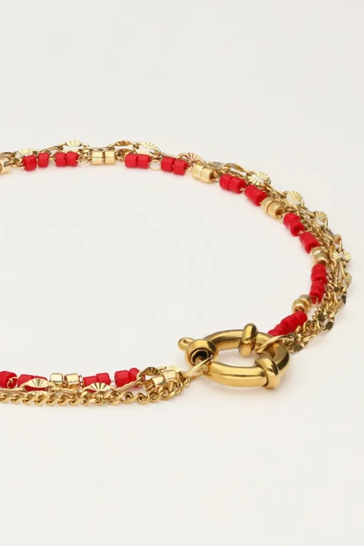 Driedubbele Armband Met Rode Kralen